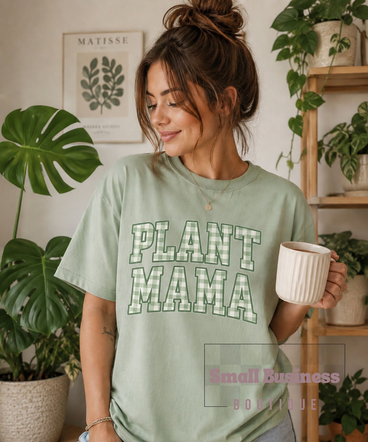 Plant Mama T-Shirt — Cute Green Gingham Graphic Tee for Plant Lovers