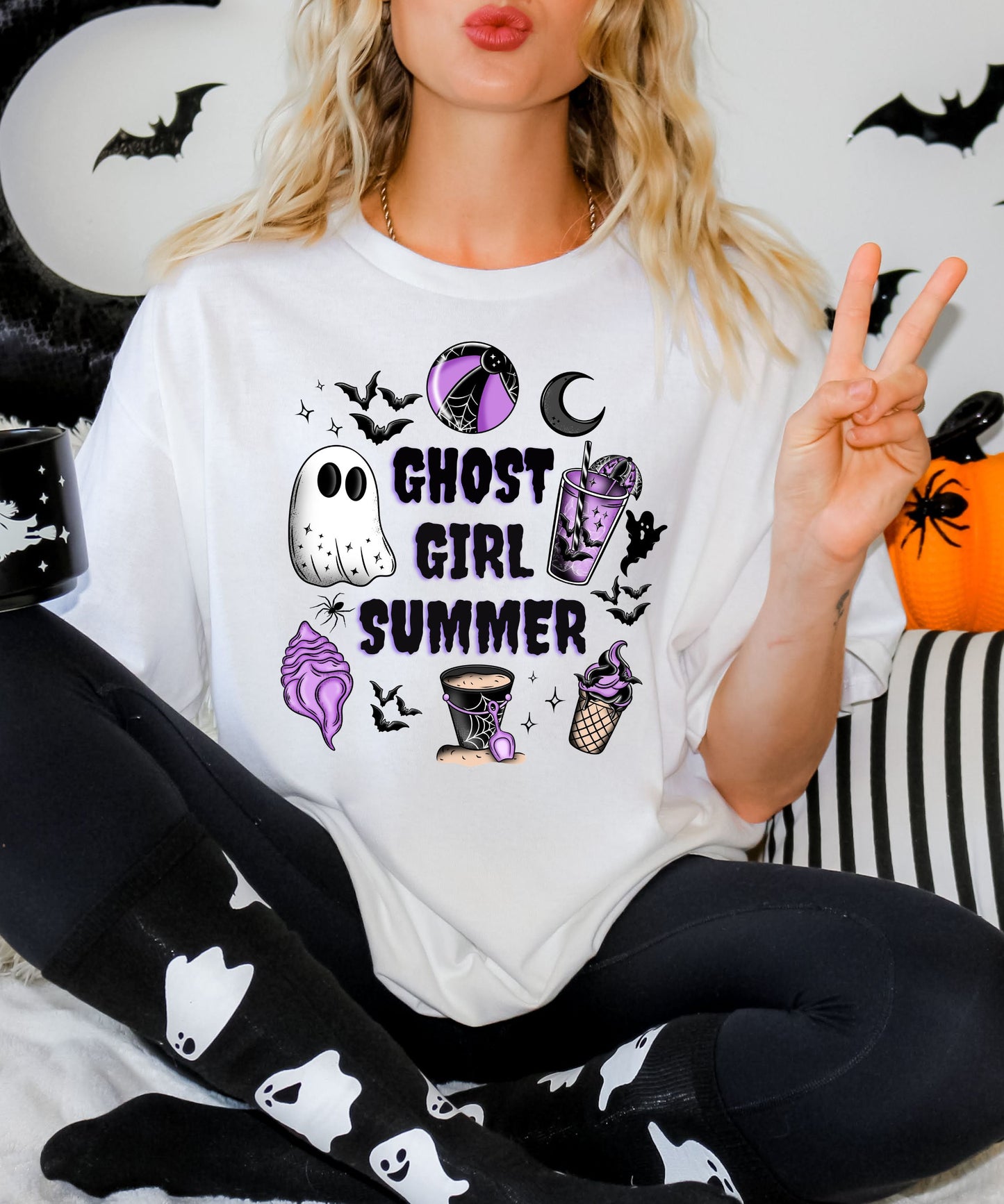Ghost Girl Summer T-Shirt — Cute Purple Halloween Beach Vibes Tee