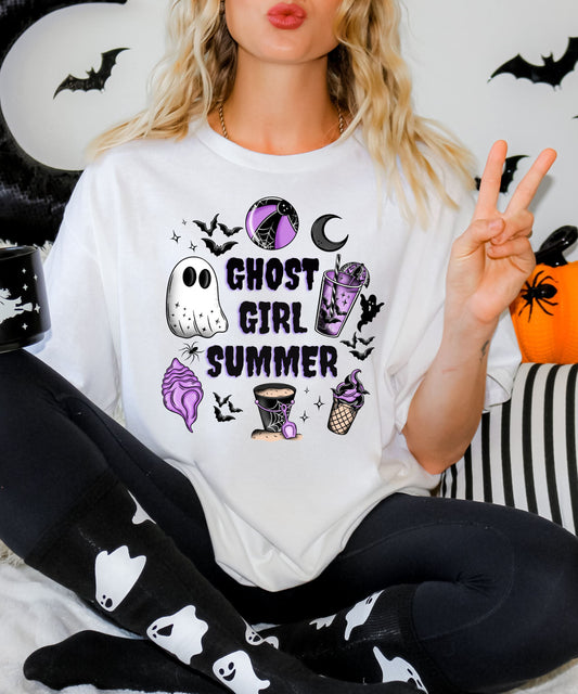 Ghost Girl Summer T-Shirt — Cute Purple Halloween Beach Vibes Tee