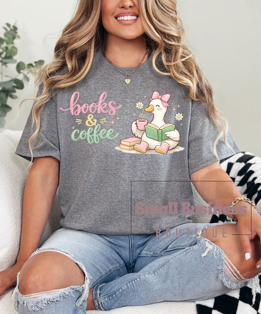 Books & Coffee T-Shirt — Cute Reading Duck Graphic Tee for Book Lovers