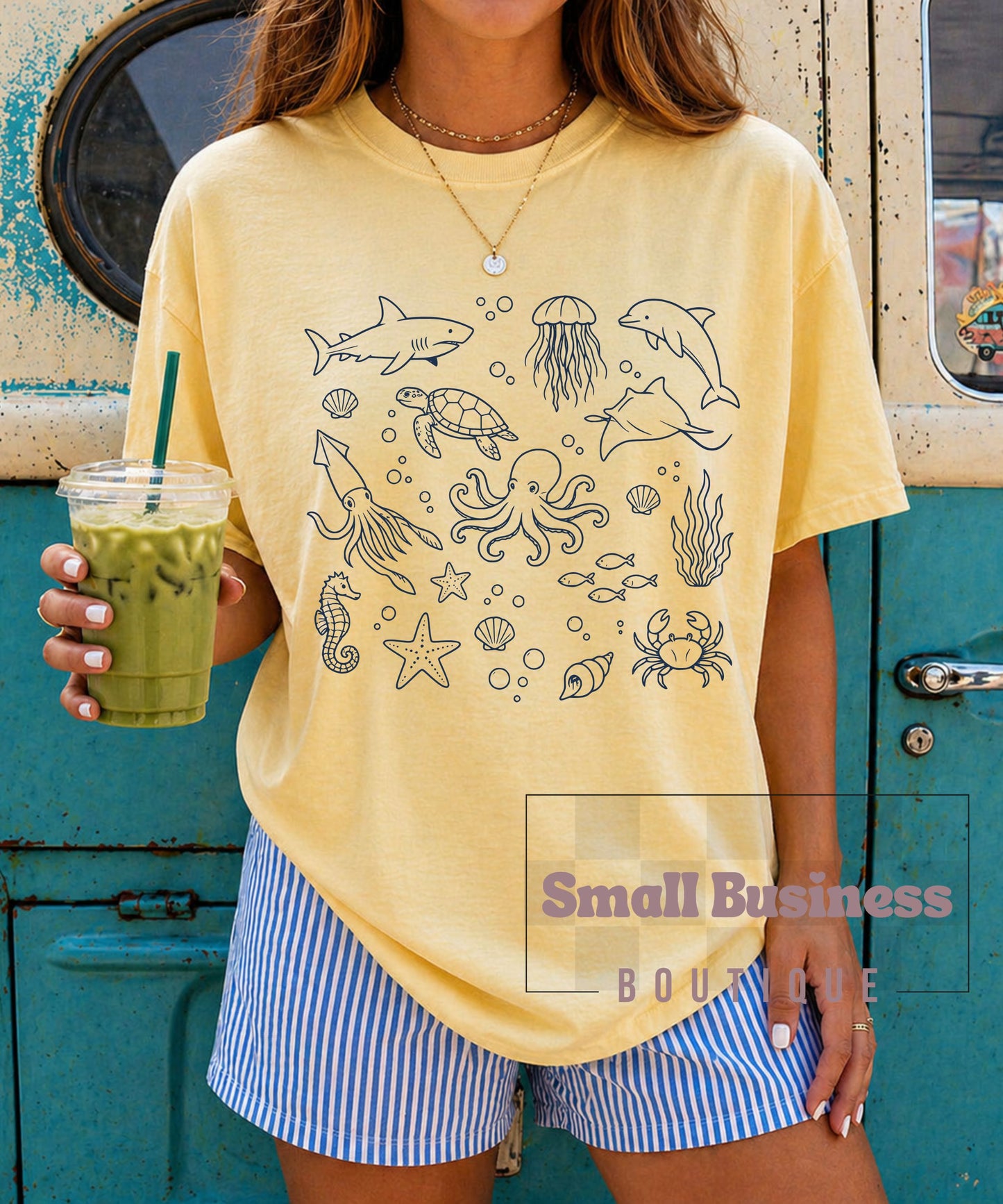 Ocean Creatures T-Shirt — Marine Life Line Art Tee
