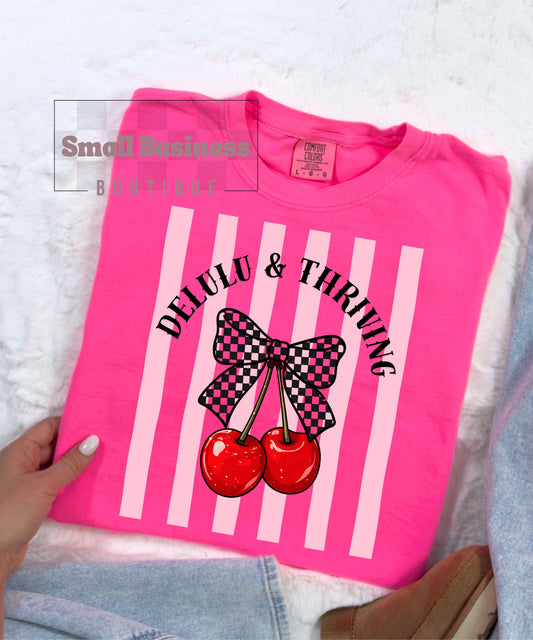 Cherry Bow T-Shirt — "Delulu & Thriving" Retro Pink Stripe Tee