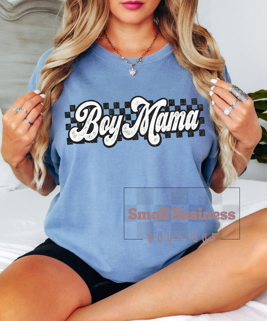Boy Mama T-Shirt — Retro Checkerboard Graphic Tee for Moms